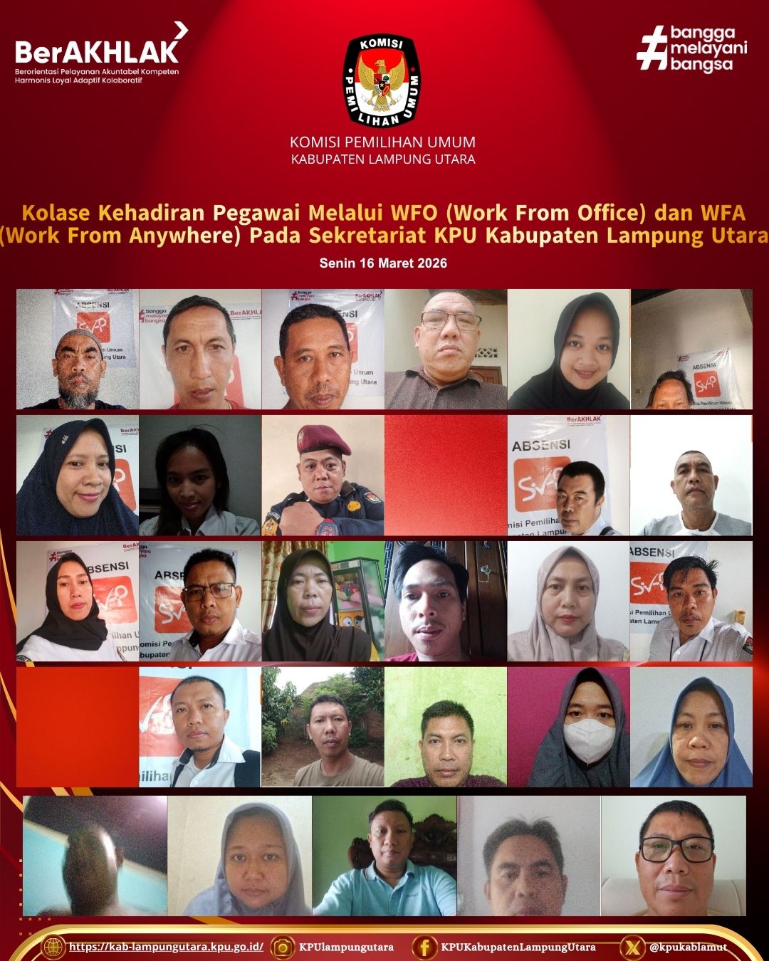 WFO dan WFA KPU Kab. Lampung Utara Senin 16 Maret 2026