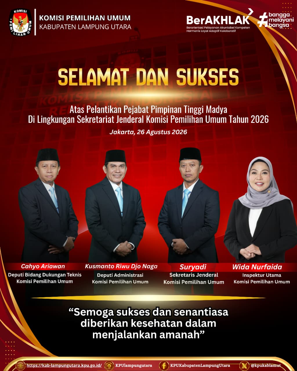 mengucapkan selamat atas pelantikan Pejabat Pimpinan Tinggi Madya Tahun 2026