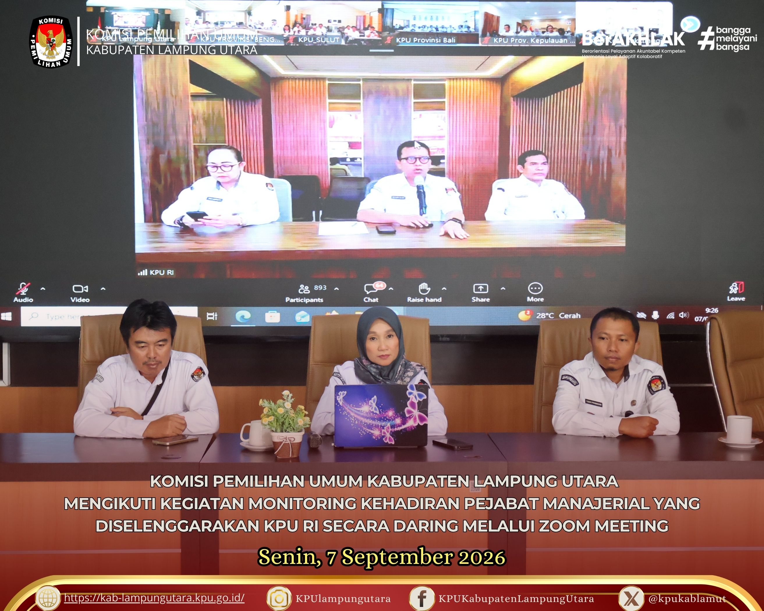 Monitoring Kehadiran Pejabat Manajerial yang diselenggarakan KPU RI, Senin (7/9/2026)