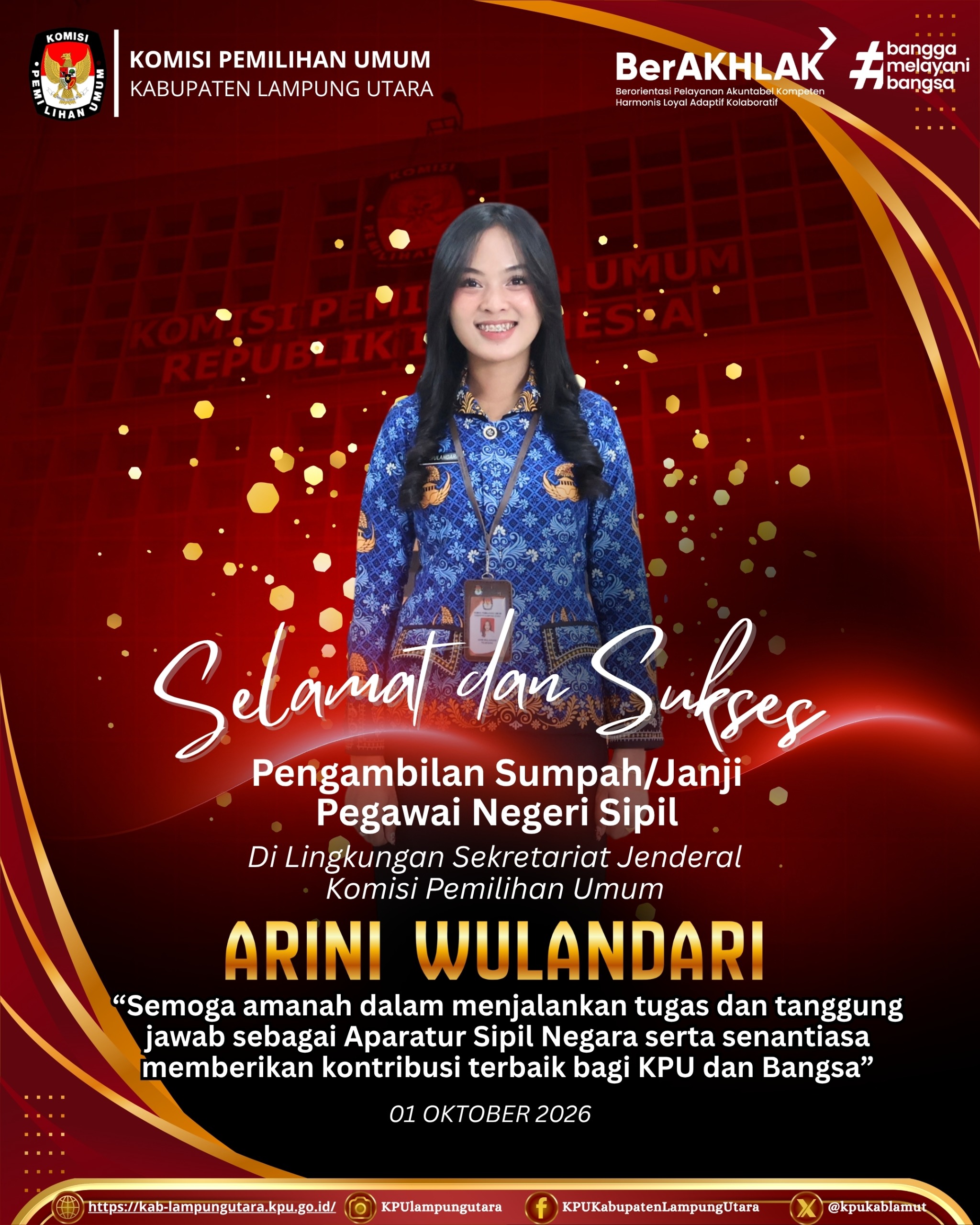 selamat dan sukses atas Pengambilan Sumpah/Janji PNS kepada Arini Wulandari